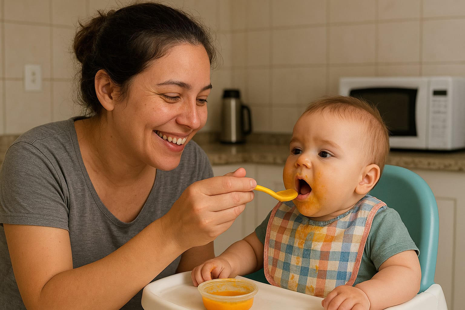 Mãe sorrindo alimentando o bebê com comida saudável